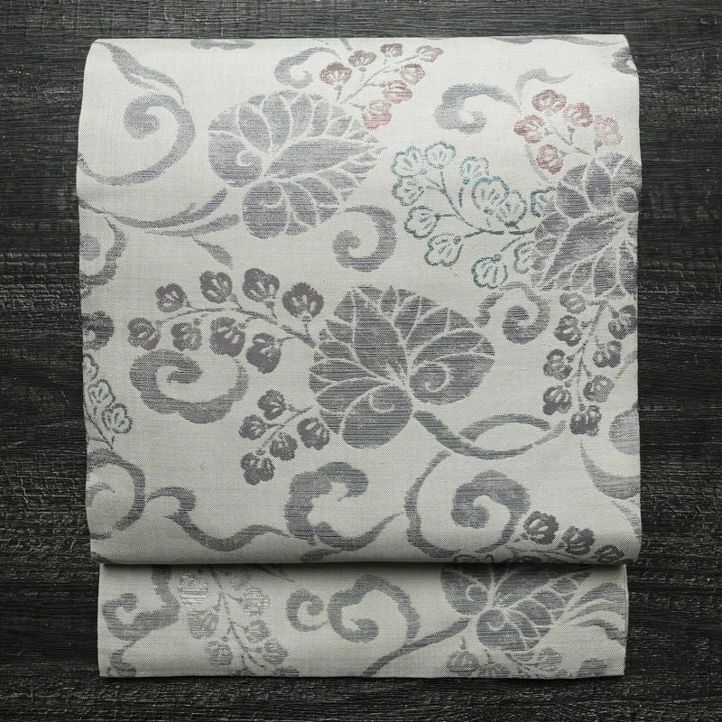 名古屋帯 六通柄 正絹 木の葉・植物柄 通し仕立て なごや帯 リサイクル帯 帯 グレー_画像1