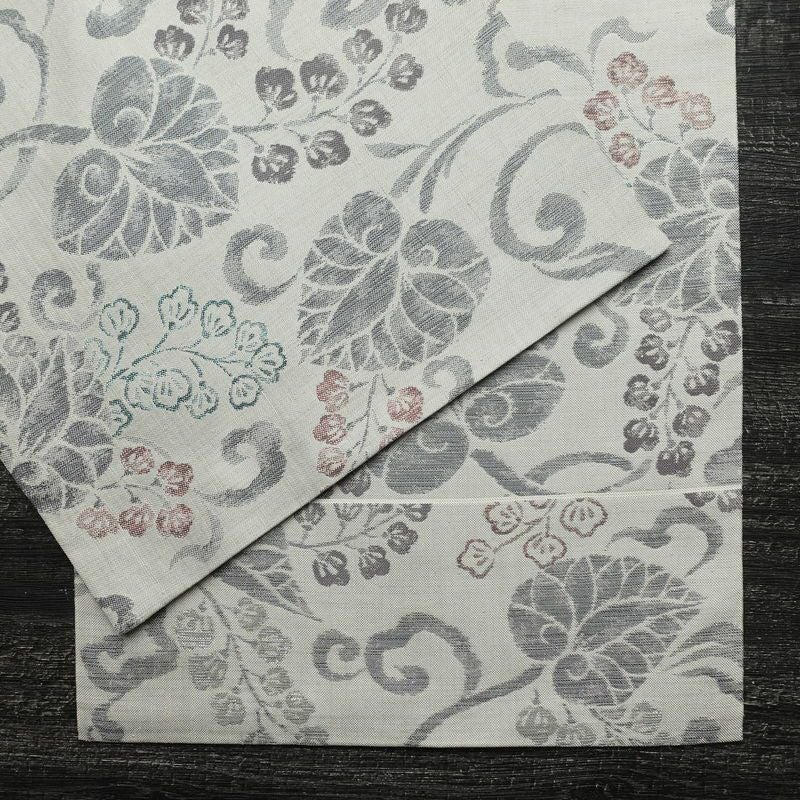 名古屋帯 六通柄 正絹 木の葉・植物柄 通し仕立て なごや帯 リサイクル帯 帯 グレー_画像13