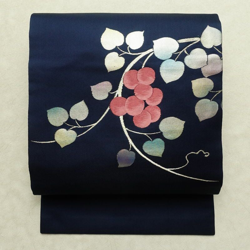 名古屋帯 太鼓柄 正絹 木の葉・植物柄 名古屋仕立て なごや帯 リサイクル帯 帯 箔 青・紺_画像1