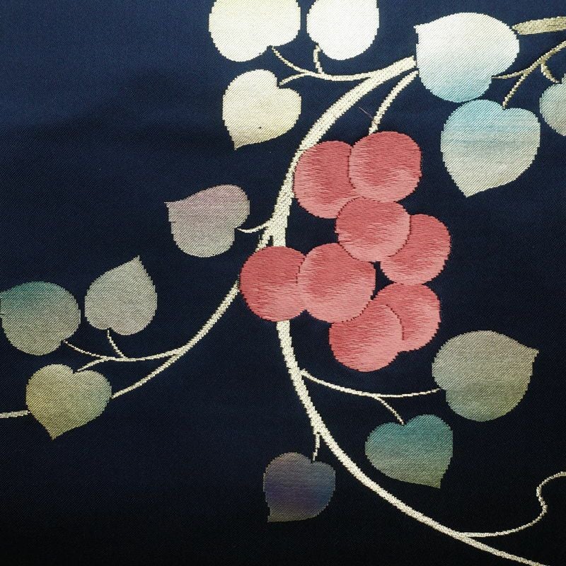 名古屋帯 太鼓柄 正絹 木の葉・植物柄 名古屋仕立て なごや帯 リサイクル帯 帯 箔 青・紺_画像2