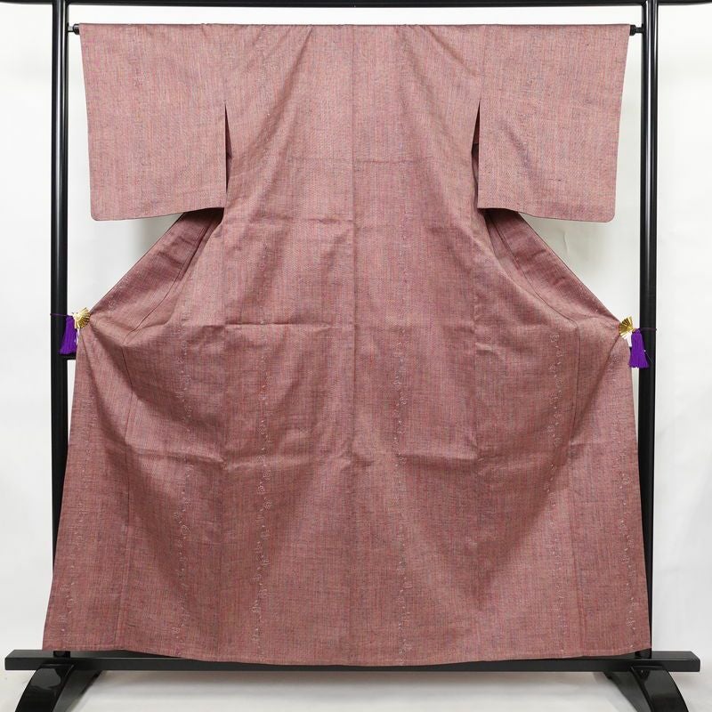 単衣 紬 バチ衿仕立て 正絹 縞柄・線柄 単衣仕立て 身丈158cm 裄丈65cm リサイクル着物 着物 紬地 ピンク_画像1