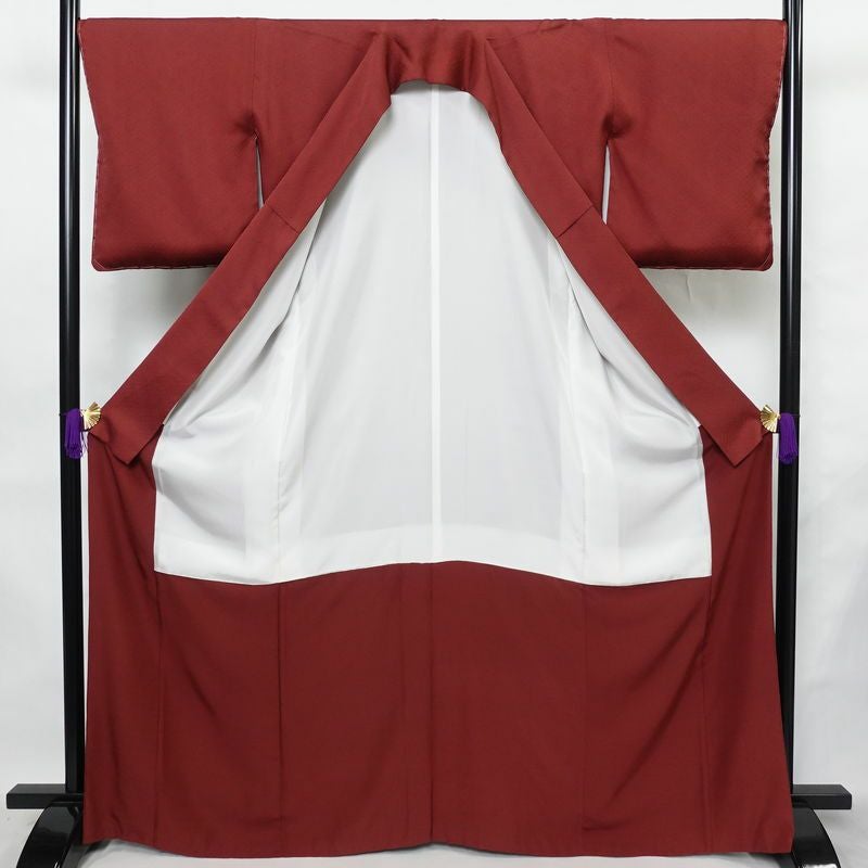 色無地 良品 しつけ糸付き 正絹 古典柄 袷仕立て 身丈167cm 裄丈67cm リサイクル着物 着物 お茶会 小豆・エンジ_画像3