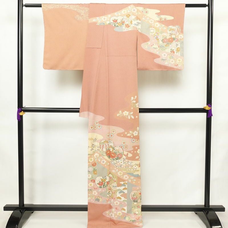 訪問着 良品 しつけ糸付き 金駒刺繍 正絹 古典柄 袷仕立て 身丈164cm 裄丈66cm リサイクル着物 着物 箔 入学式 結婚式 七五三 パーティー お宮参り フォーマル ピンク_画像2