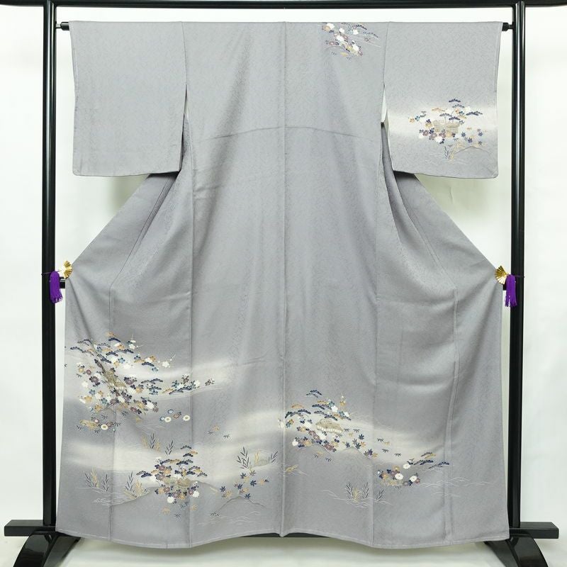 付け下げ 美品 しつけ糸付き 正絹 風景柄 袷仕立て 身丈159cm 裄丈65cm リサイクル着物 着物 入学式 卒業式 七五三 お宮参り くすみブルー フォーマル 青・紺_画像1