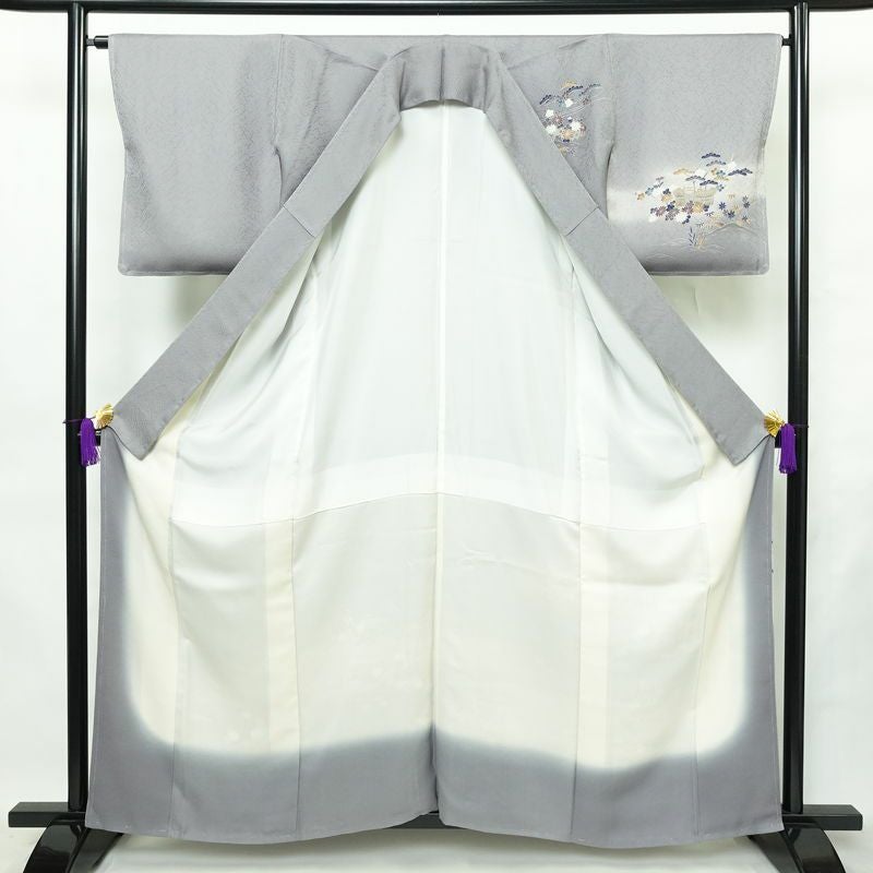 付け下げ 美品 しつけ糸付き 正絹 風景柄 袷仕立て 身丈159cm 裄丈65cm リサイクル着物 着物 入学式 卒業式 七五三 お宮参り くすみブルー フォーマル 青・紺_画像3