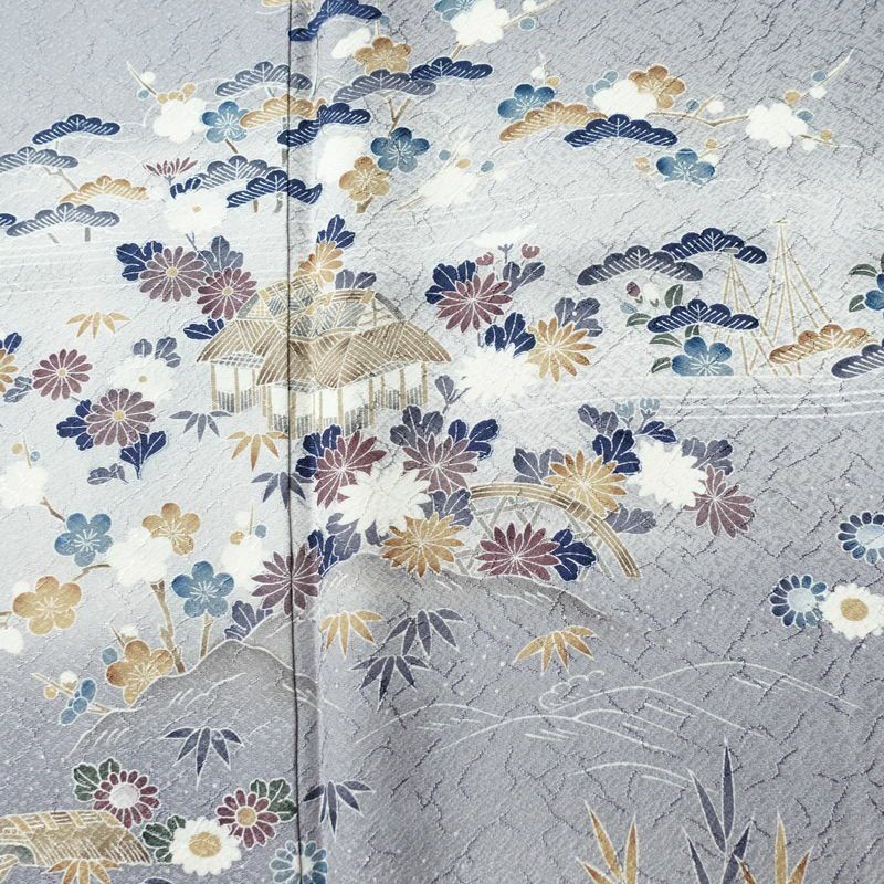 付け下げ 美品 しつけ糸付き 正絹 風景柄 袷仕立て 身丈159cm 裄丈65cm リサイクル着物 着物 入学式 卒業式 七五三 お宮参り くすみブルー フォーマル 青・紺_画像6