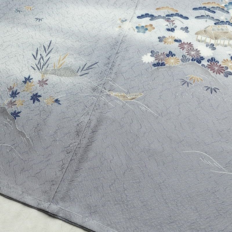 付け下げ 美品 しつけ糸付き 正絹 風景柄 袷仕立て 身丈159cm 裄丈65cm リサイクル着物 着物 入学式 卒業式 七五三 お宮参り くすみブルー フォーマル 青・紺_画像13