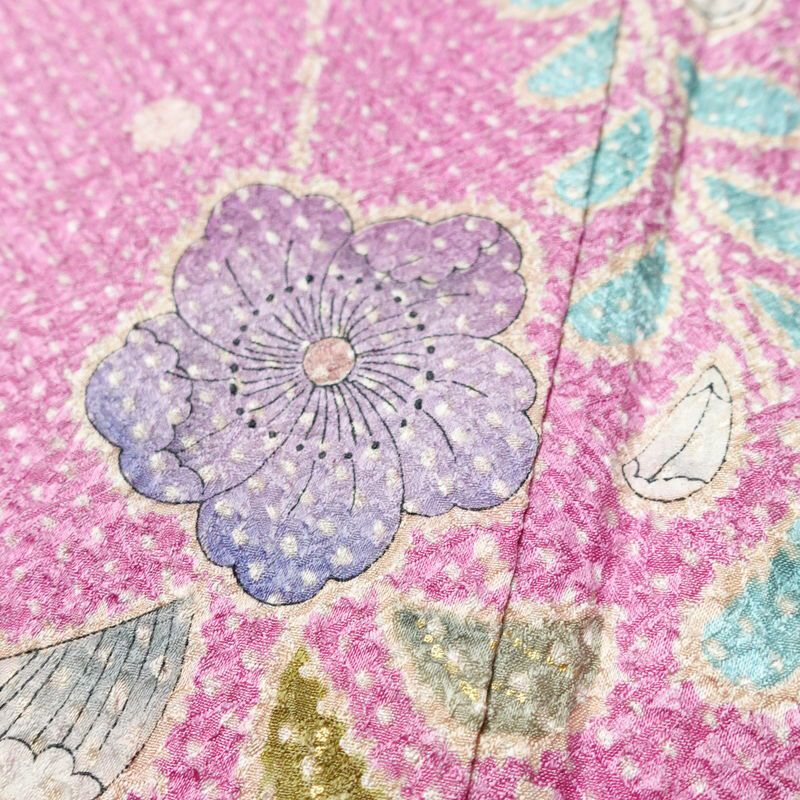 訪問着 美品 しつけ糸付き 絞り 総絞り 正絹 花柄 袷仕立て 身丈167.5cm 裄丈68.5cm リサイクル着物 着物 箔 入学式 結婚式 パーティー フォーマル 華やか 紫・藤色_画像9