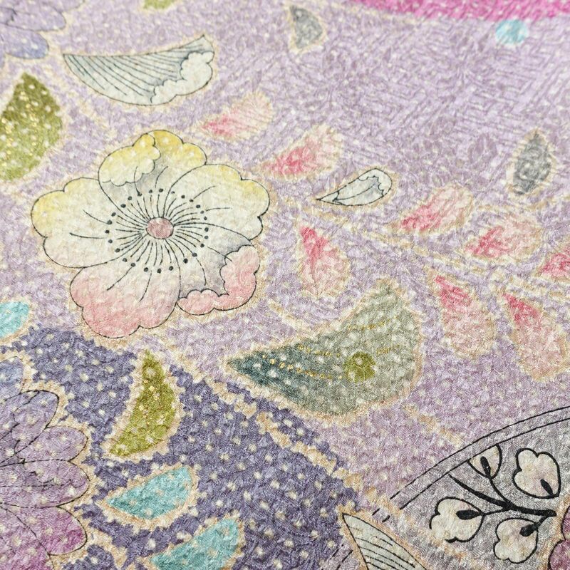 訪問着 美品 しつけ糸付き 絞り 総絞り 正絹 花柄 袷仕立て 身丈167.5cm 裄丈68.5cm リサイクル着物 着物 箔 入学式 結婚式 パーティー フォーマル 華やか 紫・藤色_画像11