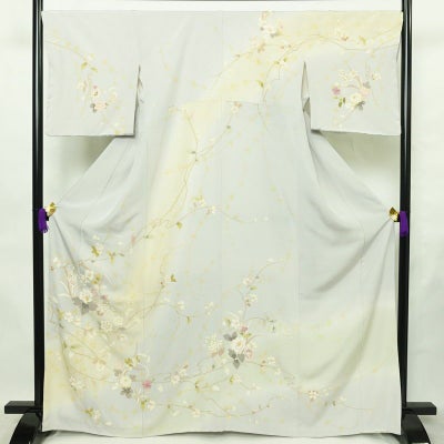 訪問着 良品 しつけ糸付き 縮緬 正絹 花柄 袷仕立て 身丈166cm 裄丈68cm リサイクル着物 着物 入学式 卒業式 七五三 お宮参り フォーマル 上品 青・紺