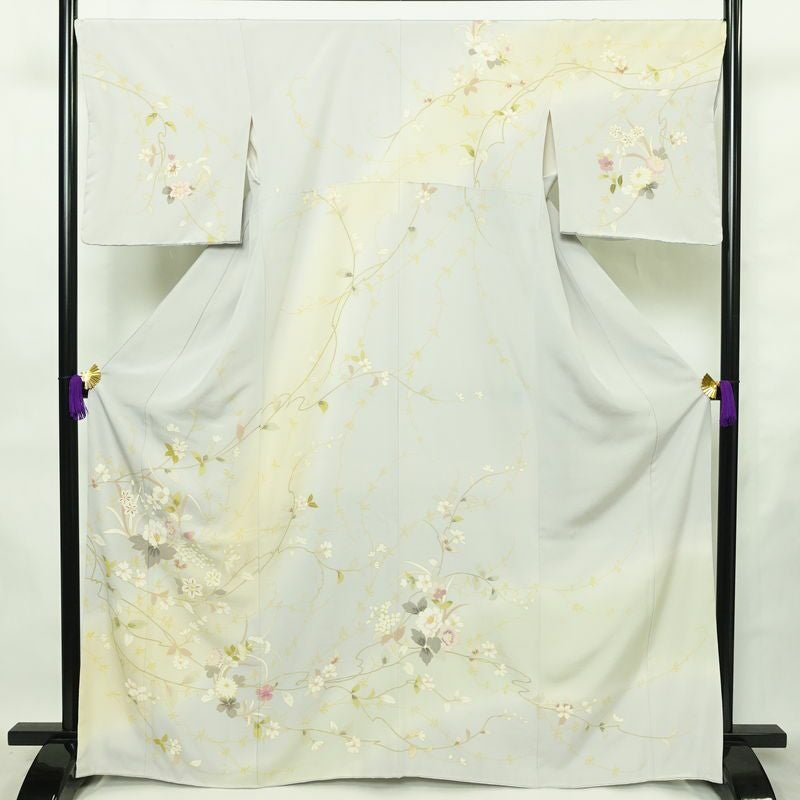 訪問着 良品 しつけ糸付き 縮緬 正絹 花柄 袷仕立て 身丈166cm 裄丈68cm リサイクル着物 着物 入学式 卒業式 七五三 お宮参り フォーマル 上品 青・紺_画像1