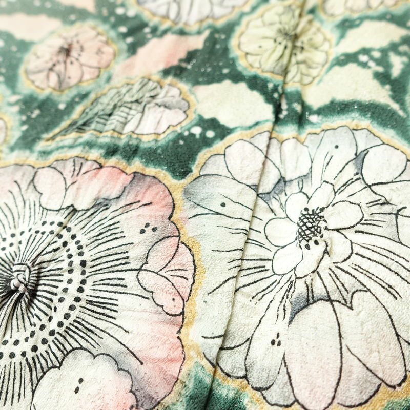 訪問着 良品 辻が花 落款入り 絞り 正絹 花柄 袷仕立て 身丈161.5cm 裄丈67.5cm リサイクル着物 着物 結婚式 パーティー フォーマル 華やか 緑・うぐいす色_画像10