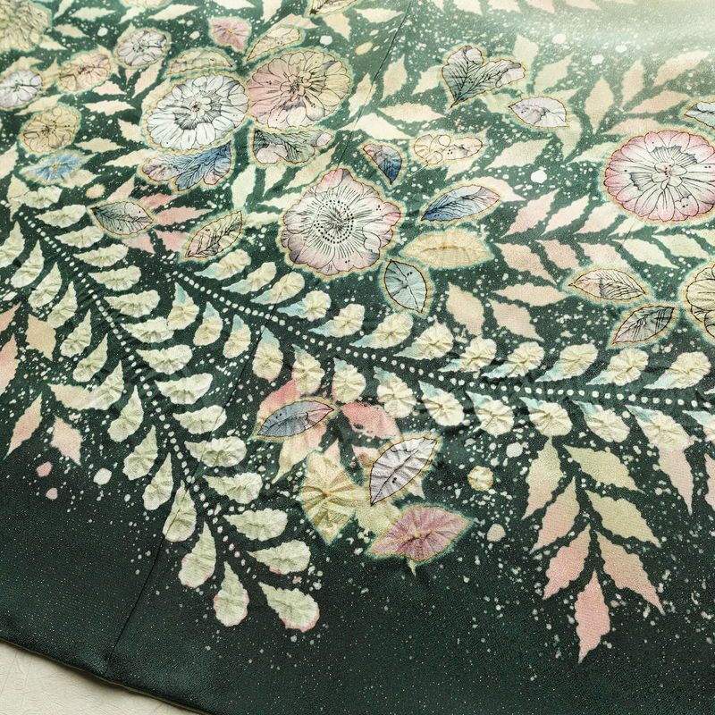 訪問着 良品 辻が花 落款入り 絞り 正絹 花柄 袷仕立て 身丈161.5cm 裄丈67.5cm リサイクル着物 着物 結婚式 パーティー フォーマル 華やか 緑・うぐいす色_画像12