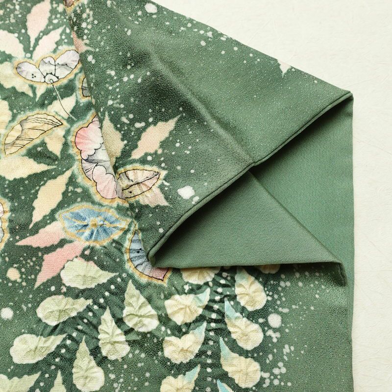 訪問着 良品 辻が花 落款入り 絞り 正絹 花柄 袷仕立て 身丈161.5cm 裄丈67.5cm リサイクル着物 着物 結婚式 パーティー フォーマル 華やか 緑・うぐいす色_画像15