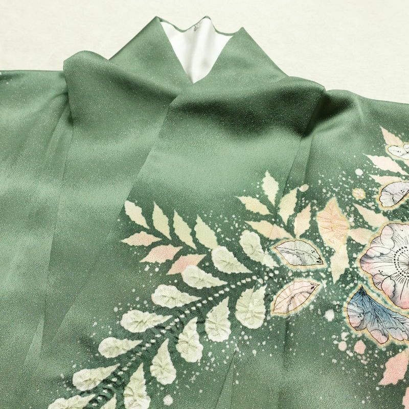 訪問着 良品 辻が花 落款入り 絞り 正絹 花柄 袷仕立て 身丈161.5cm 裄丈67.5cm リサイクル着物 着物 結婚式 パーティー フォーマル 華やか 緑・うぐいす色_画像17