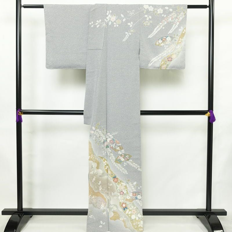 訪問着 良品 しつけ糸付き 縮緬 正絹 古典柄 袷仕立て 絞り 身丈163.5cm 裄丈67cm リサイクル着物 着物 箔 共八掛 入学式 卒業式 結婚式 七五三 お宮参り フォーマル 青・紺_画像2