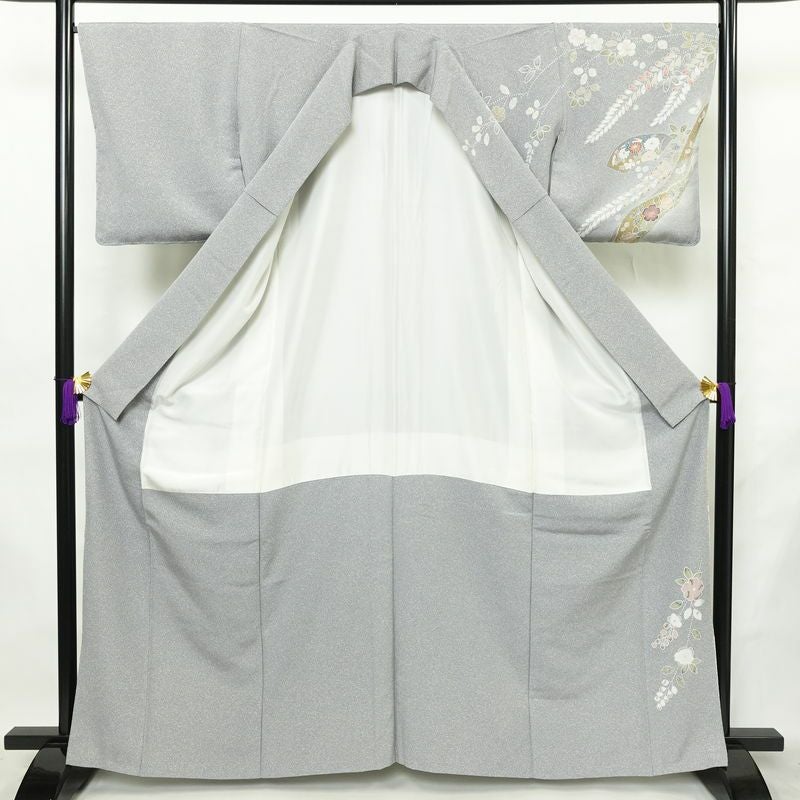 訪問着 良品 しつけ糸付き 縮緬 正絹 古典柄 袷仕立て 絞り 身丈163.5cm 裄丈67cm リサイクル着物 着物 箔 共八掛 入学式 卒業式 結婚式 七五三 お宮参り フォーマル 青・紺_画像3