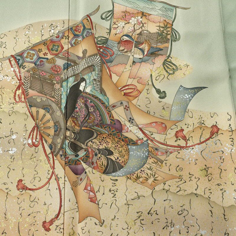 付け下げ 落款入り しつけ糸付き 一つ紋付き 正絹 人物・動物柄 袷仕立て 身丈163.5cm 裄丈66cm リサイクル着物 着物 箔 共八掛 フォーマル 緑・うぐいす色_画像5