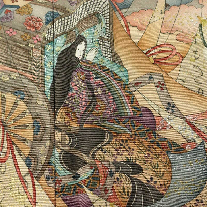 付け下げ 落款入り しつけ糸付き 一つ紋付き 正絹 人物・動物柄 袷仕立て 身丈163.5cm 裄丈66cm リサイクル着物 着物 箔 共八掛 フォーマル 緑・うぐいす色_画像6