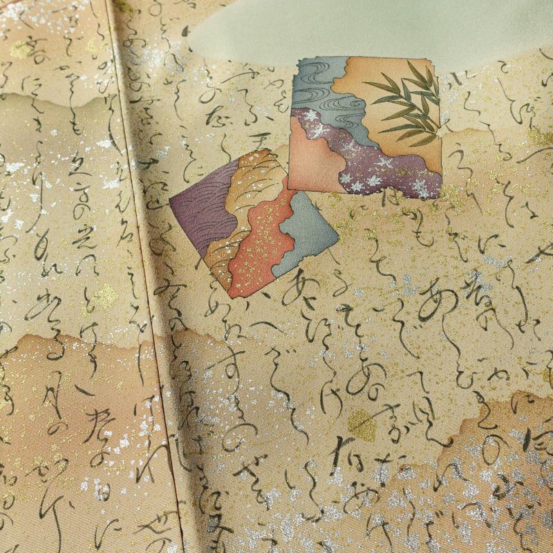 付け下げ 落款入り しつけ糸付き 一つ紋付き 正絹 人物・動物柄 袷仕立て 身丈163.5cm 裄丈66cm リサイクル着物 着物 箔 共八掛 フォーマル 緑・うぐいす色_画像10