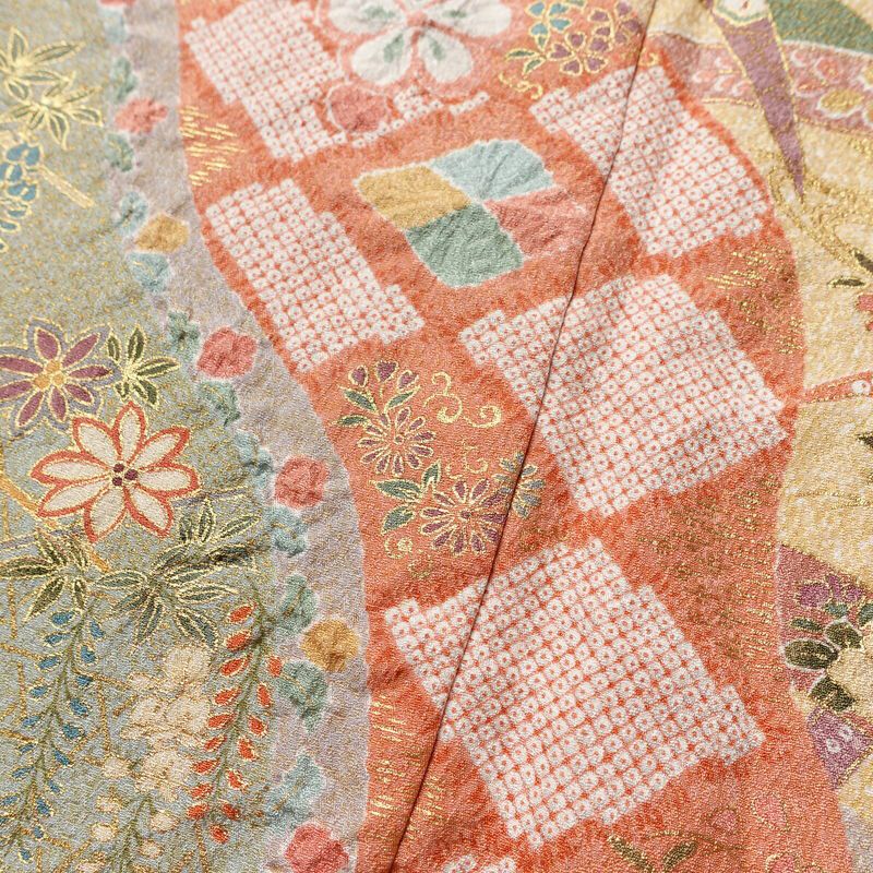 訪問着 美品 しつけ糸付き 絞り 正絹 花柄 袷仕立て 身丈167.5cm 裄丈65cm リサイクル着物 着物 刺繍 金彩 入学式 結婚式 パーティー フォーマル 絞り加工 華やか ピンク_画像12