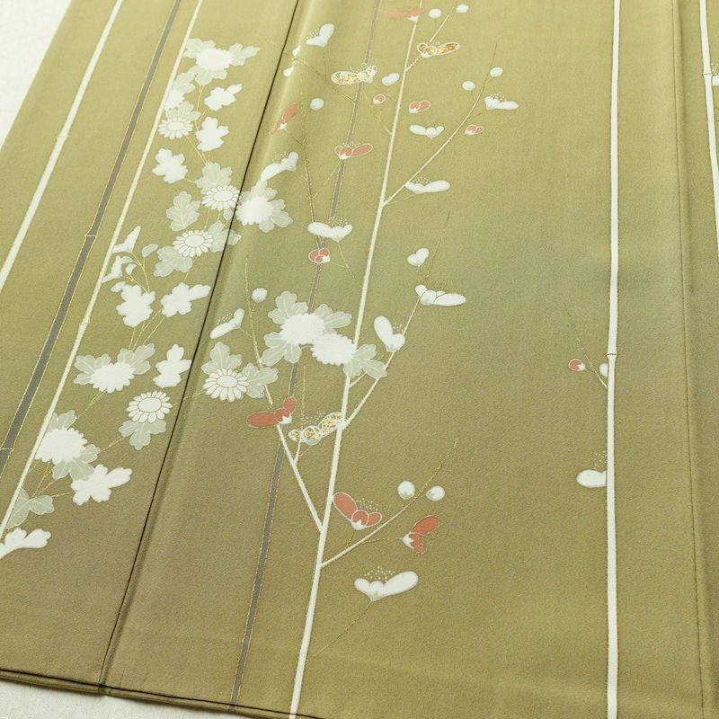 訪問着 良品 金駒刺繍 一つ紋付き 正絹 花柄 袷仕立て 身丈160.5cm 裄丈65cm リサイクル着物 着物 箔 金彩 入学式 卒業式 七五三 パーティー お宮参り フォーマル 黄・黄土色_画像4
