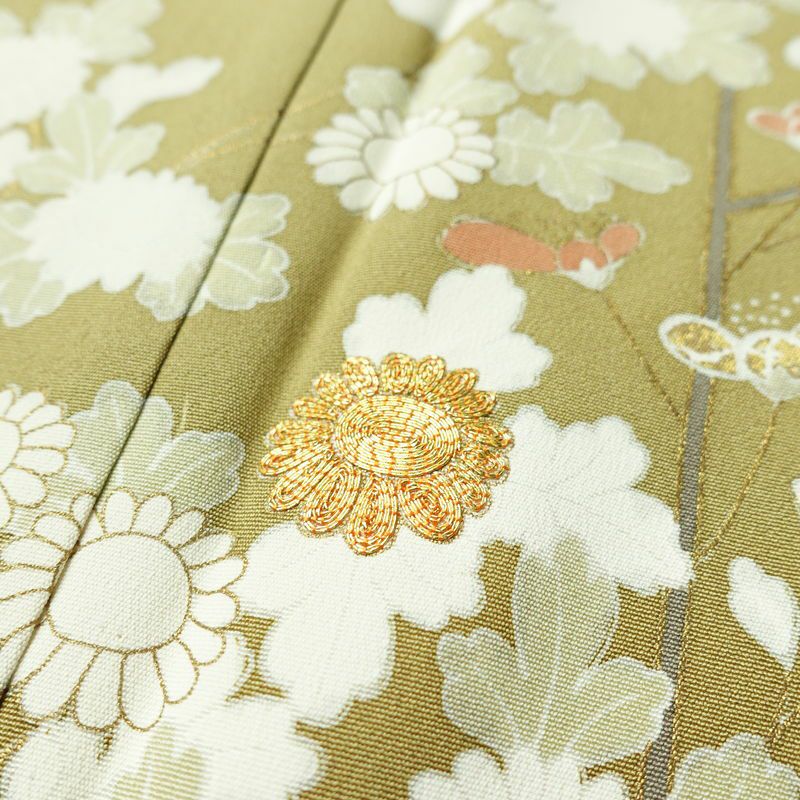 訪問着 良品 金駒刺繍 一つ紋付き 正絹 花柄 袷仕立て 身丈160.5cm 裄丈65cm リサイクル着物 着物 箔 金彩 入学式 卒業式 七五三 パーティー お宮参り フォーマル 黄・黄土色_画像7