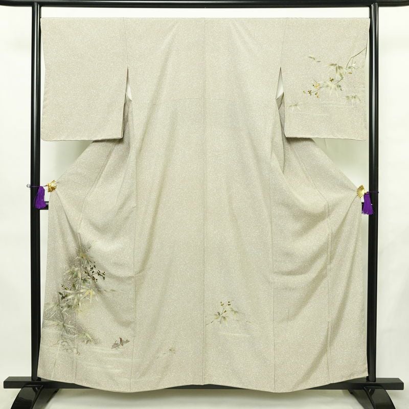 訪問着 美品 しつけ糸付き 正絹 木の葉・植物柄 袷仕立て 身丈157.5cm 裄丈68cm リサイクル着物 着物 刺繍 箔 未使用品 入学式 卒業式 七五三 お宮参り フォーマル 上品 グレージュ ベージュ_画像1