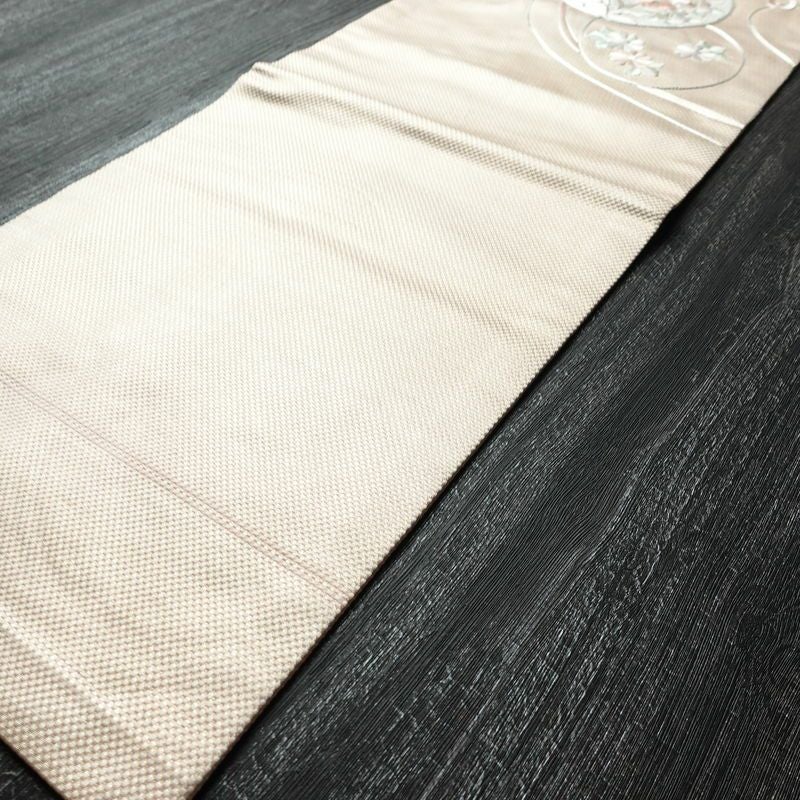 名古屋帯 太鼓柄 銀駒刺繍 正絹 花柄 名古屋仕立て 銀糸 刺繍 ピンク_画像7