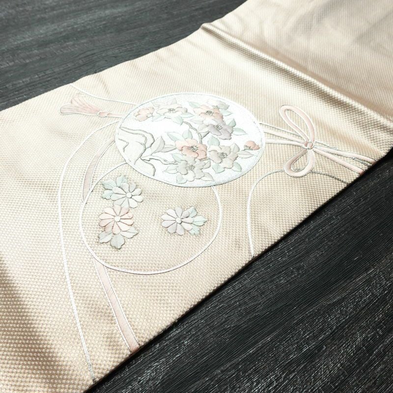 名古屋帯 太鼓柄 銀駒刺繍 正絹 花柄 名古屋仕立て 銀糸 刺繍 ピンク_画像9