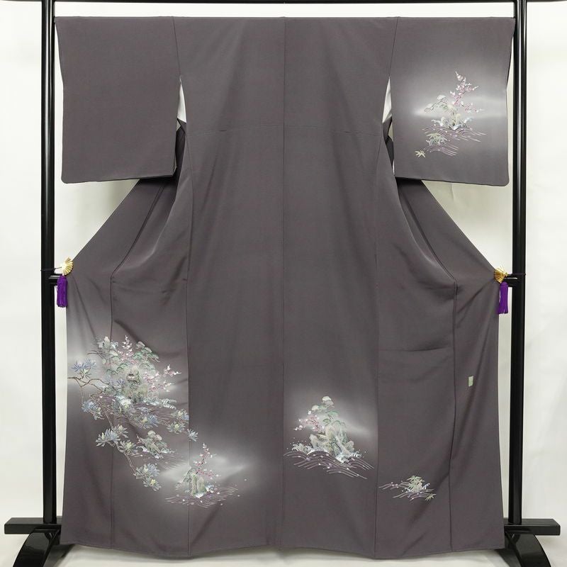 訪問着 岡本幸治 加賀友禅 良品 落款入り 縮緬 正絹 風景柄 袷仕立て 身丈164.5cm 裄丈67cm リサイクル着物 着物 共八掛 入学式 卒業式 七五三 お宮参り フォーマル 紫・藤色_画像1