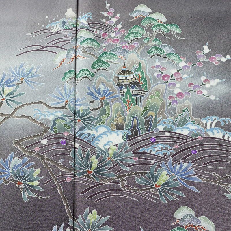 訪問着 岡本幸治 加賀友禅 良品 落款入り 縮緬 正絹 風景柄 袷仕立て 身丈164.5cm 裄丈67cm リサイクル着物 着物 共八掛 入学式 卒業式 七五三 お宮参り フォーマル 紫・藤色_画像6