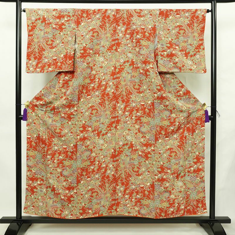 小紋 縮緬 正絹 花柄 袷仕立て 身丈154cm 裄丈65cm リサイクル着物 着物 橙_画像1