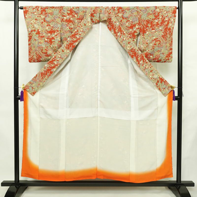 小紋 縮緬 正絹 花柄 袷仕立て 身丈154cm 裄丈65cm リサイクル着物 着物 橙_画像3