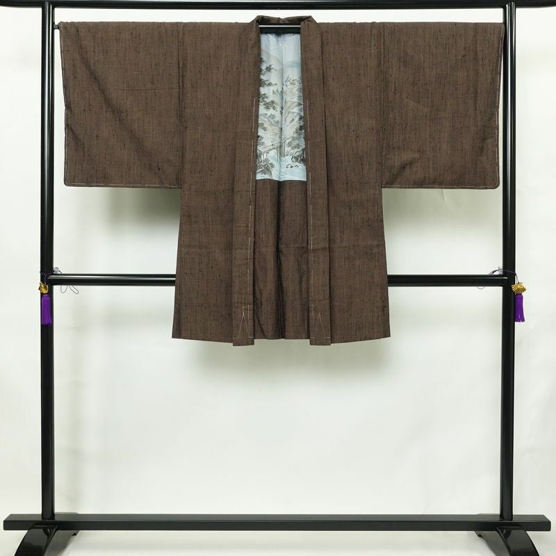 男性用 紬アンサンブル セット 着物 羽織 良品 しつけ糸付き アンサンブル 正絹 無地 袷仕立て 身丈148cm 裄丈71cm リサイクル着物 着物 金彩 茶_画像4