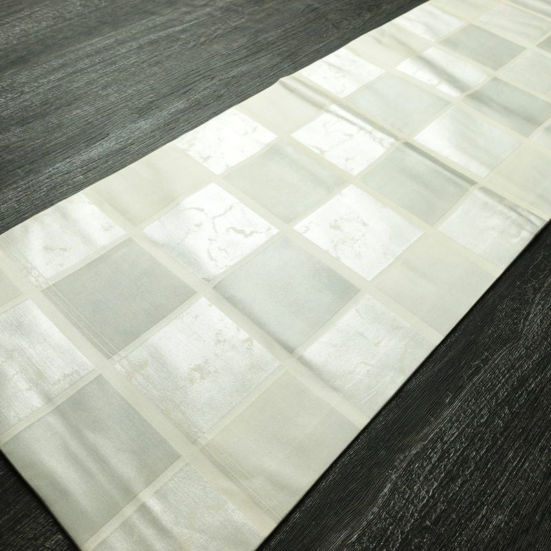 名古屋帯 六通柄 正絹 チェック・格子柄 名古屋仕立て なごや帯 リサイクル帯 帯 箔 クリーム 白_画像9