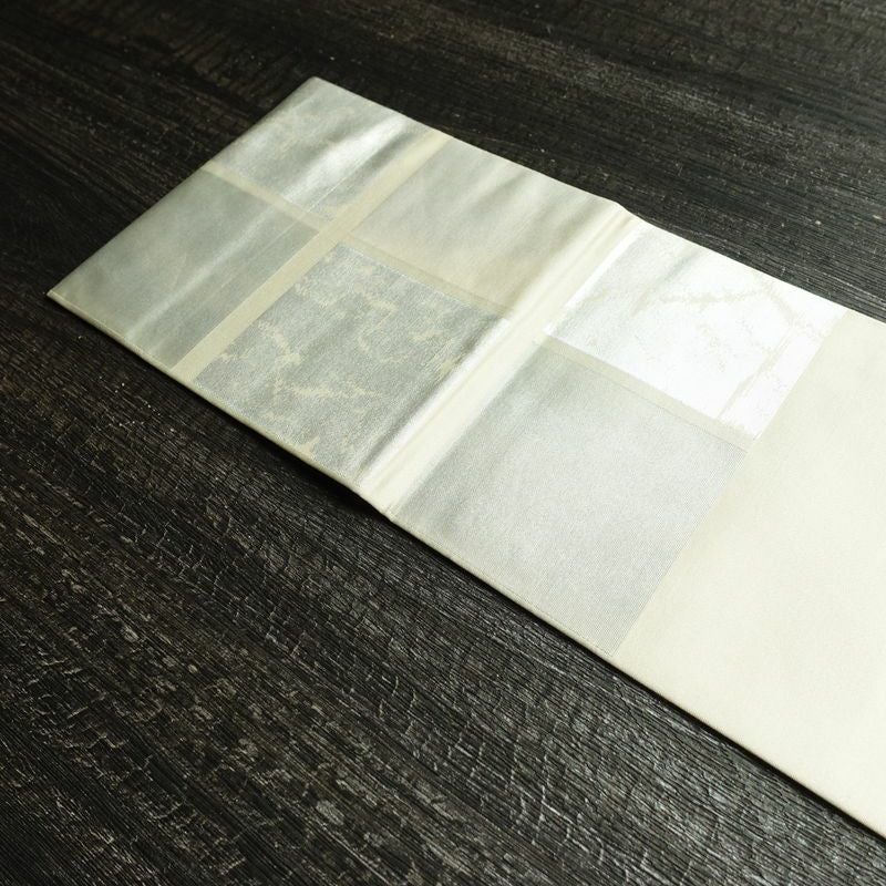 名古屋帯 六通柄 正絹 チェック・格子柄 名古屋仕立て なごや帯 リサイクル帯 帯 箔 クリーム 白_画像16