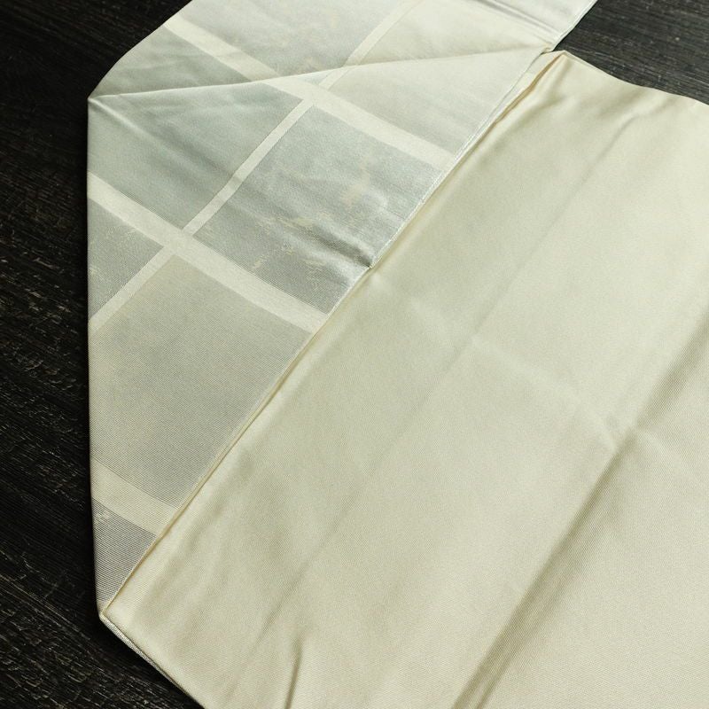 名古屋帯 六通柄 正絹 チェック・格子柄 名古屋仕立て なごや帯 リサイクル帯 帯 箔 クリーム 白_画像19