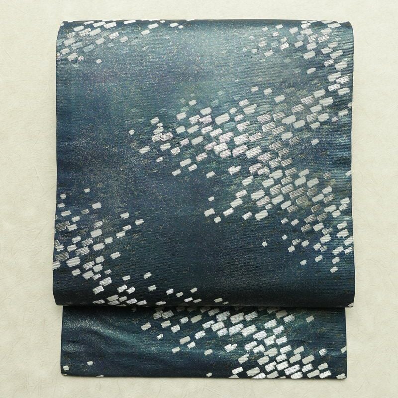 名古屋帯 太鼓柄 正絹 幾何学柄・抽象柄 名古屋仕立て なごや帯 リサイクル帯 帯 箔 おしゃれ 青・紺_画像1