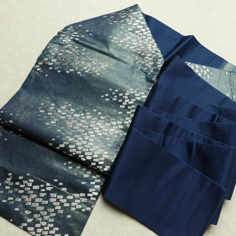 名古屋帯 太鼓柄 正絹 幾何学柄・抽象柄 名古屋仕立て なごや帯 リサイクル帯 帯 箔 おしゃれ 青・紺_画像17
