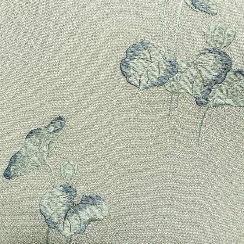 名古屋帯 太鼓柄 縮緬 正絹 木の葉・植物柄 名古屋仕立て なごや帯 リサイクル帯 帯 刺繍 銀糸 シンプル 上品 グレー_画像2