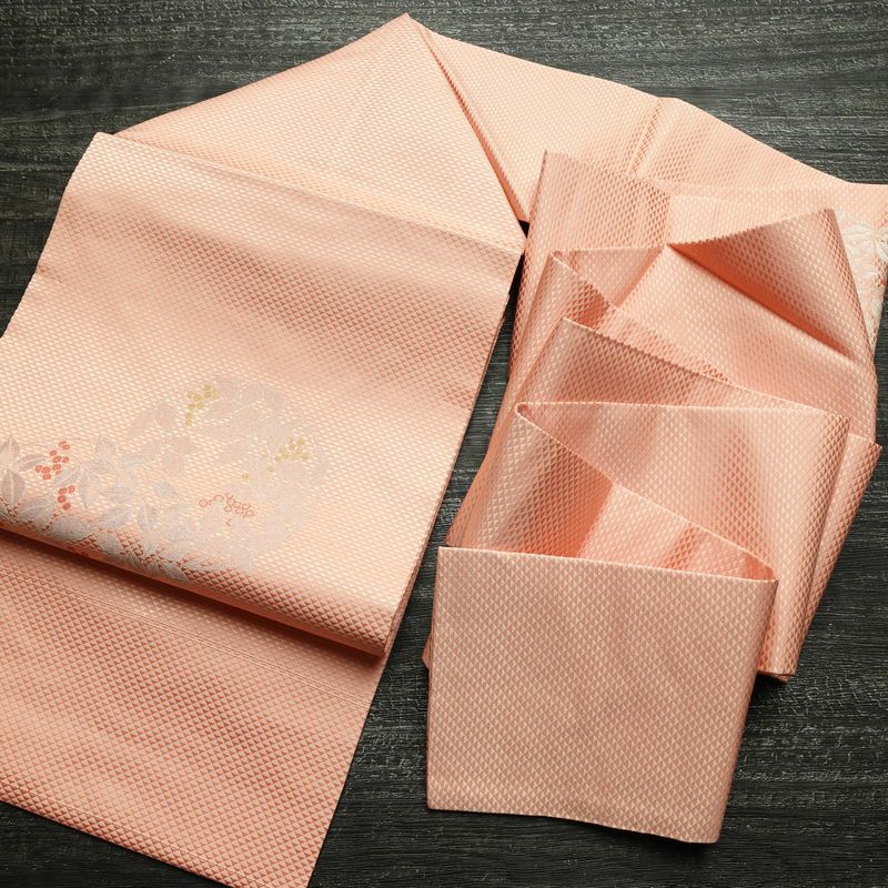 名古屋帯 太鼓柄 良品 正絹 木の葉・植物柄 名古屋仕立て なごや帯 リサイクル帯 帯 シンプル 上品 ピンク_画像17