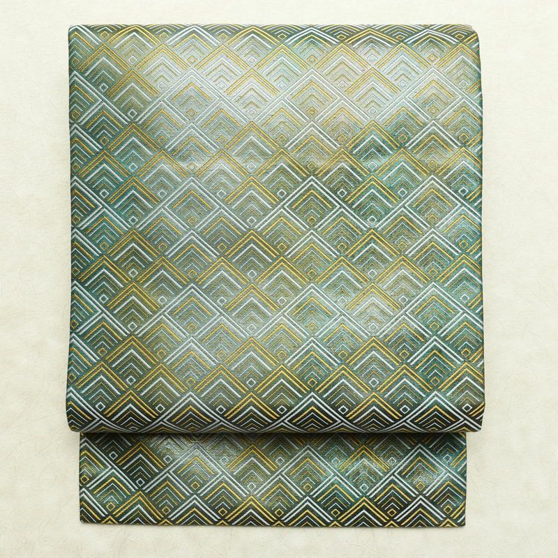 名古屋帯 太鼓柄 正絹 幾何学柄・抽象柄 名古屋仕立て なごや帯 リサイクル帯 帯 箔 緑・うぐいす色_画像1