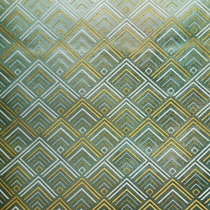 名古屋帯 太鼓柄 正絹 幾何学柄・抽象柄 名古屋仕立て なごや帯 リサイクル帯 帯 箔 緑・うぐいす色_画像2