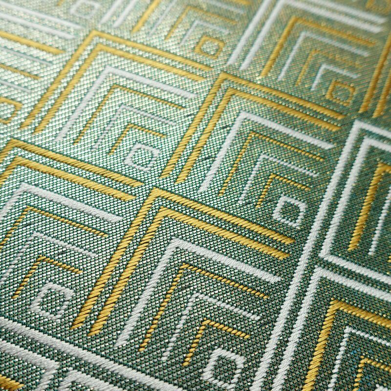 名古屋帯 太鼓柄 正絹 幾何学柄・抽象柄 名古屋仕立て なごや帯 リサイクル帯 帯 箔 緑・うぐいす色_画像6