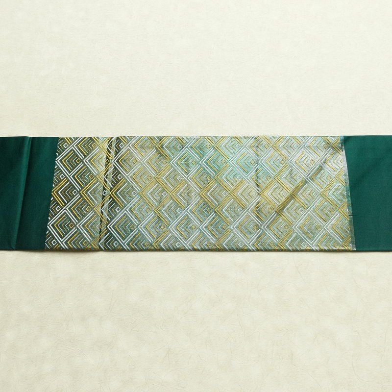 名古屋帯 太鼓柄 正絹 幾何学柄・抽象柄 名古屋仕立て なごや帯 リサイクル帯 帯 箔 緑・うぐいす色_画像15