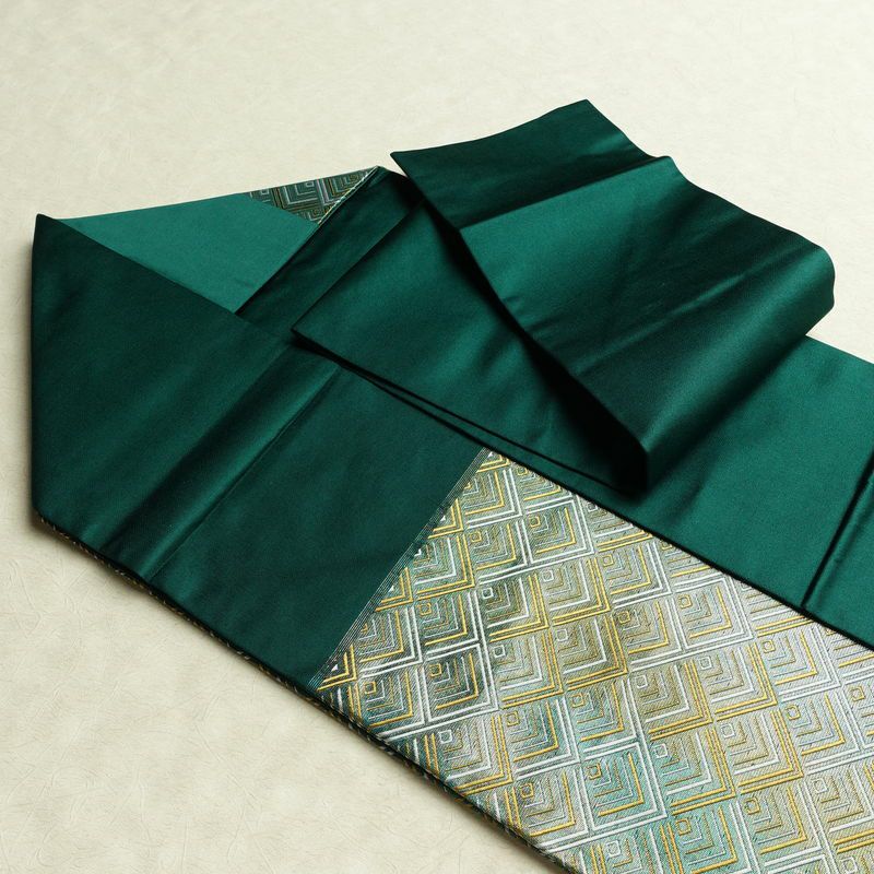 名古屋帯 太鼓柄 正絹 幾何学柄・抽象柄 名古屋仕立て なごや帯 リサイクル帯 帯 箔 緑・うぐいす色_画像21