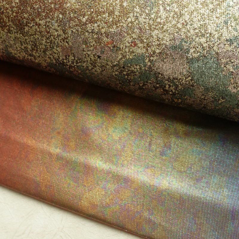 名古屋帯 太鼓柄 正絹 木の葉・植物柄 名古屋仕立て なごや帯 リサイクル帯 帯 箔 蘇芳香 ピンク_画像9