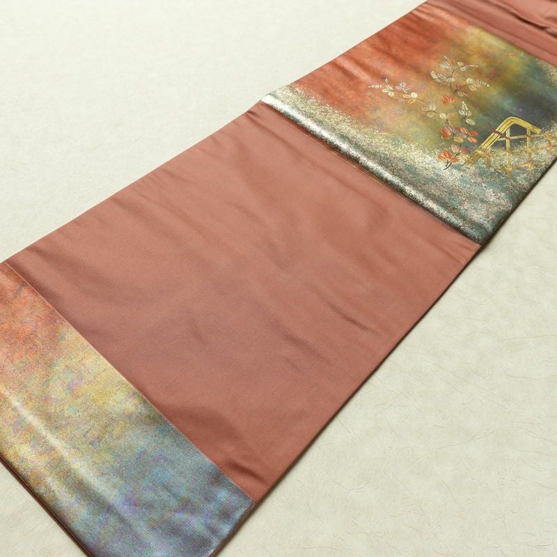 名古屋帯 太鼓柄 正絹 木の葉・植物柄 名古屋仕立て なごや帯 リサイクル帯 帯 箔 蘇芳香 ピンク_画像10