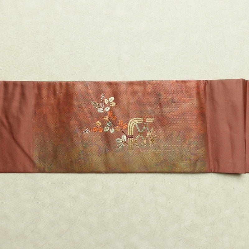 名古屋帯 太鼓柄 正絹 木の葉・植物柄 名古屋仕立て なごや帯 リサイクル帯 帯 箔 蘇芳香 ピンク_画像14